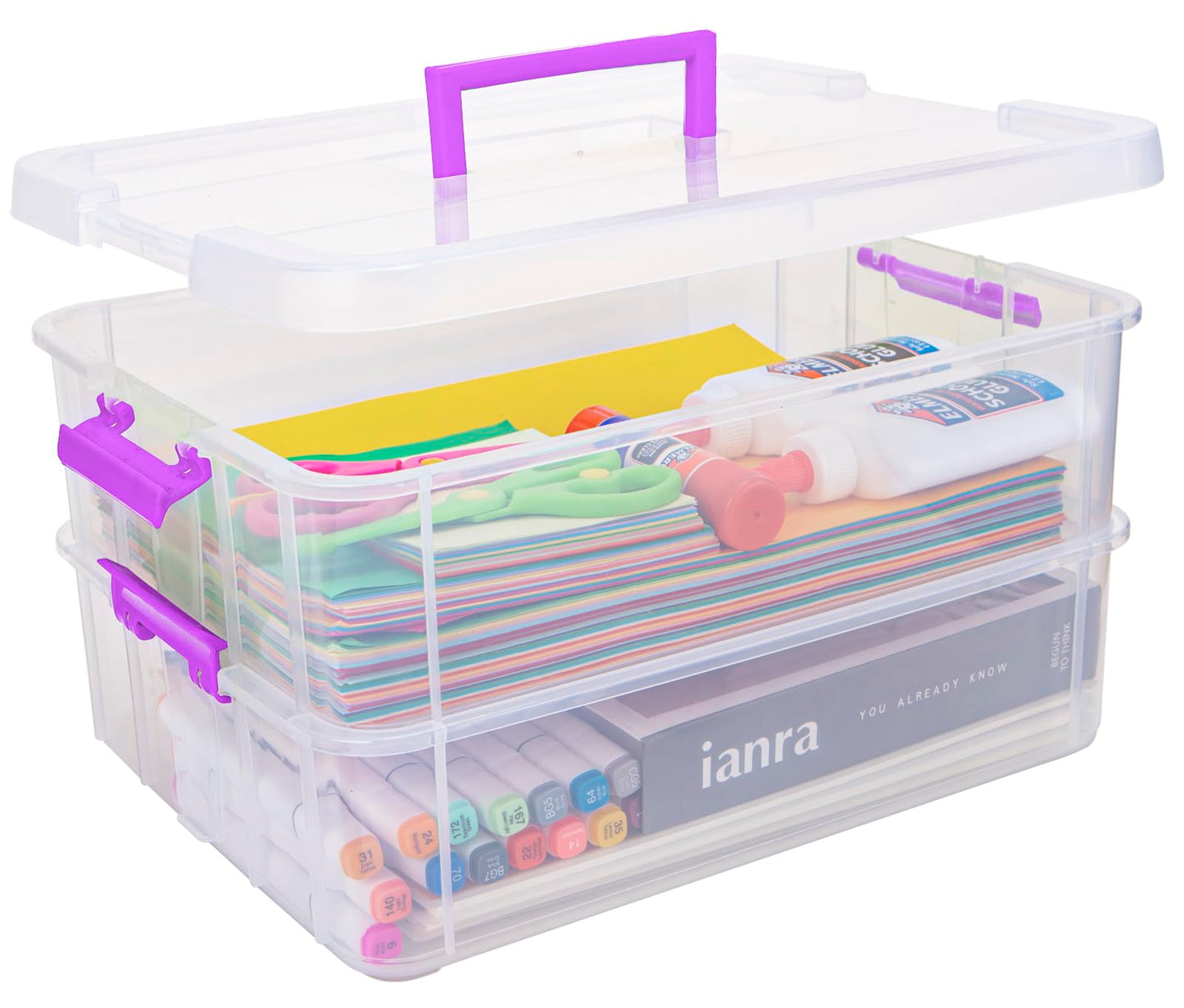 TERGOO 2 Layer Plastic Storage Containers with Lids, Multipurpose Clear Stack & Carry Box, Portable Craft Organizers and Storage Bin for Organizing Art & Craft, Sewing, Makeup, Nail Supplies (Purple)