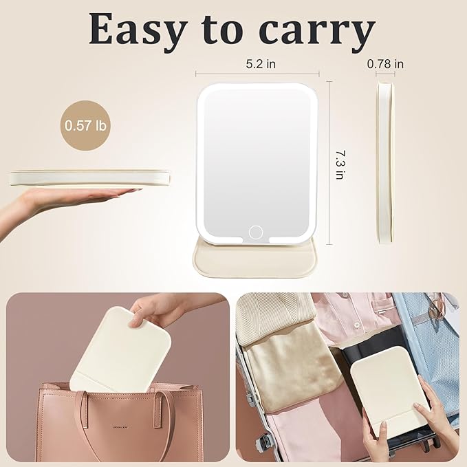 Rechargeable Travel Mirror with Light, LED Makeup Mirror with Lights, Portable Vanity Mirror with 3 Color Lighting, Touch Dimmable Lighted Cosmetic Mirror, Travel Essentials for Women (Beige)