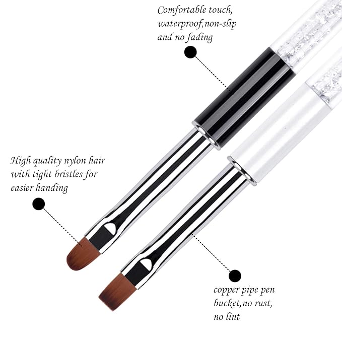 2Pcs Oval & Flat UV Builder Gel Nail Brush Set Rhinestone Handle Professional Nail Art Design Brushes for Polygel Hard Gel