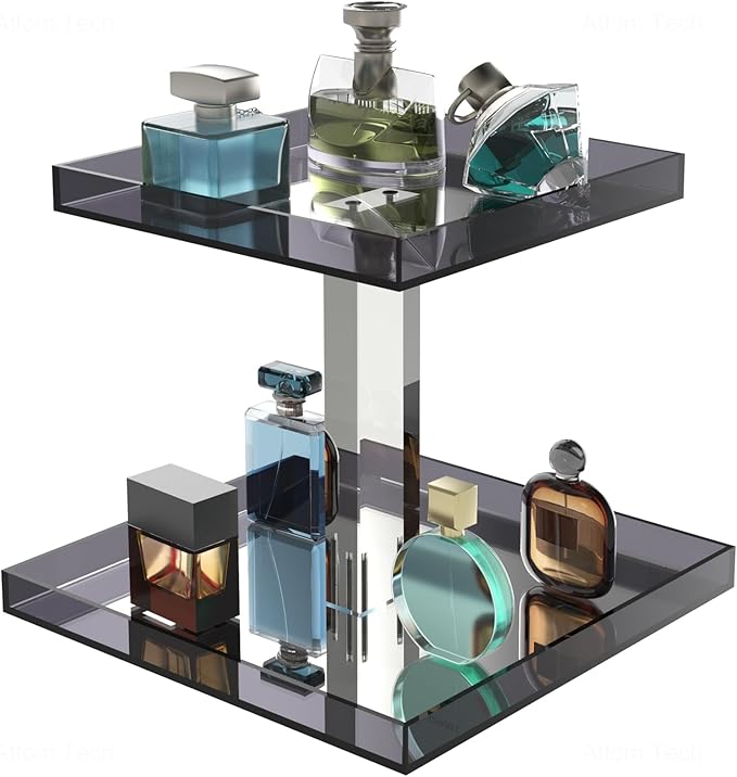 NiHome Acrylic Perfume Display Organizer, 2-Tier Cologne Organizer, Makeup Holder with Mirrored Base, Handmade Vanity Storage Versatile Countertop Tray for Cosmetics Toiletries, Gray