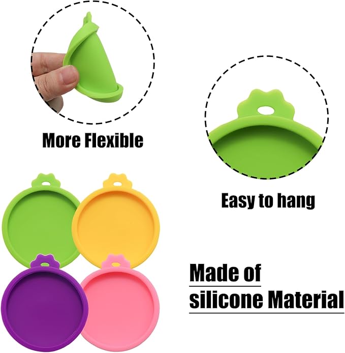 PINE & LINEN 4 Pcs 2.5inch Durable Pet Can Lids,Silicone Small Pet Can Covers Waterproof Cat Food Cans Lids for 3 oz Cat Food Cans(Purple+Pink+Green+Yellow)