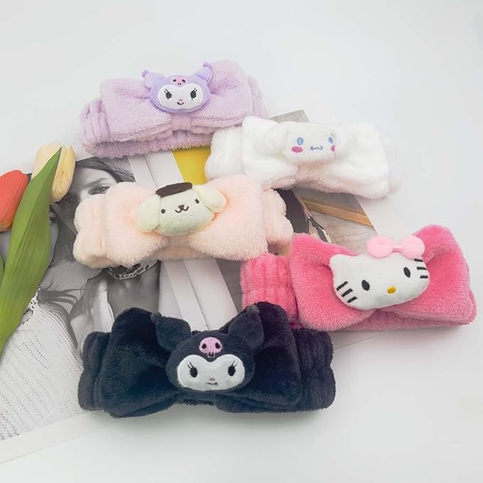 Kawaii Cartoon Headband, Cute Anime Spa Band for Women face Washing Makeup Skincare, Soft Microfiber Coral Shower Fluffy Towel Hairband for Girls (Bkuro)