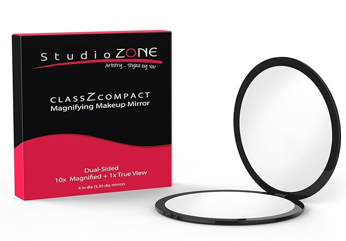 Compact Mirror - 10X Magnifying Mirror - Perfect for Purses - Small Travel Size - 2-Sided with 10X magnification and 1x w No Zoom - Black ClassZ Large Compact Mirrors for Women - 4 Inch Diameter