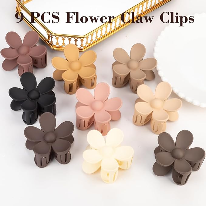 9 PCS Matte Hair Clips Set: Large Non-Slip Metal Claw Clips for Women's Thick & Thin Hair, 9 Styles with Strong Hold in Brown Color