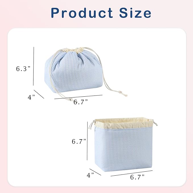 Cotton Quilted Seersucker Makeup Bag with Canvas Lining,Coquette Aesthetic Cute Travel Toiletry Bag,Drawstring Gift Bag for Women and Girls（Seersucker）