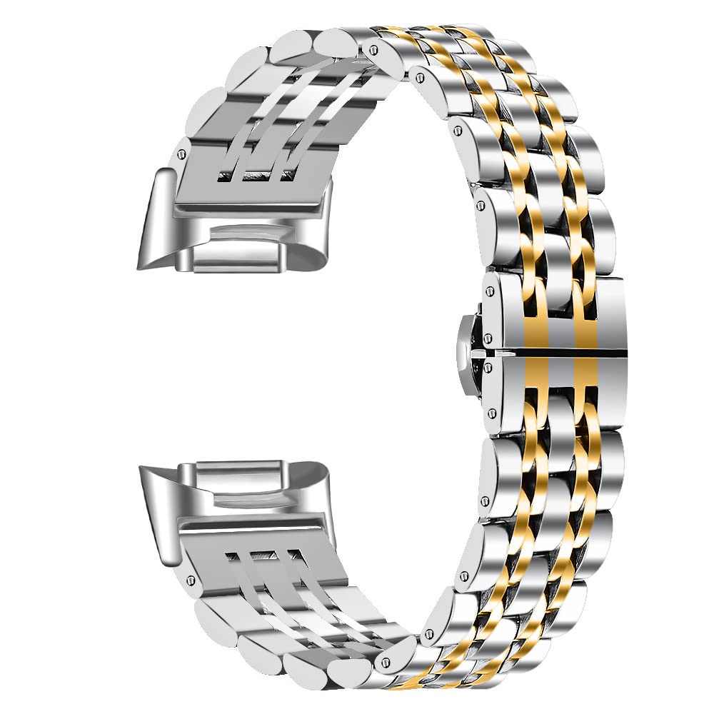 FitTurn Band Compatible with Fitbit Charge 5 Bands Men Women Classy Fitness Wristband Smart Watch Stainless Steel Adjustable Replacement Accessory Bands Strap for Charge 5 (Silver*Gold)