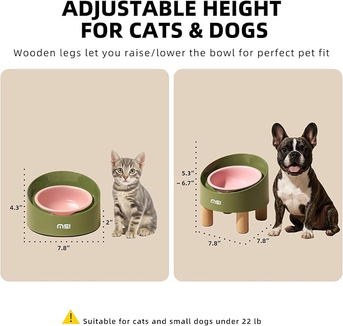 MS!MAKE SURE Cat Bowls, Adjustable Elevated Ceramic Cat Bowls with Anti-Slip Rubber Pad, Splash Guard, Lead & Cadmium Free, Whisker Friendly, for Puppies & Cats - 5.1" Wide, 295ML (10 oz), Pink-Green