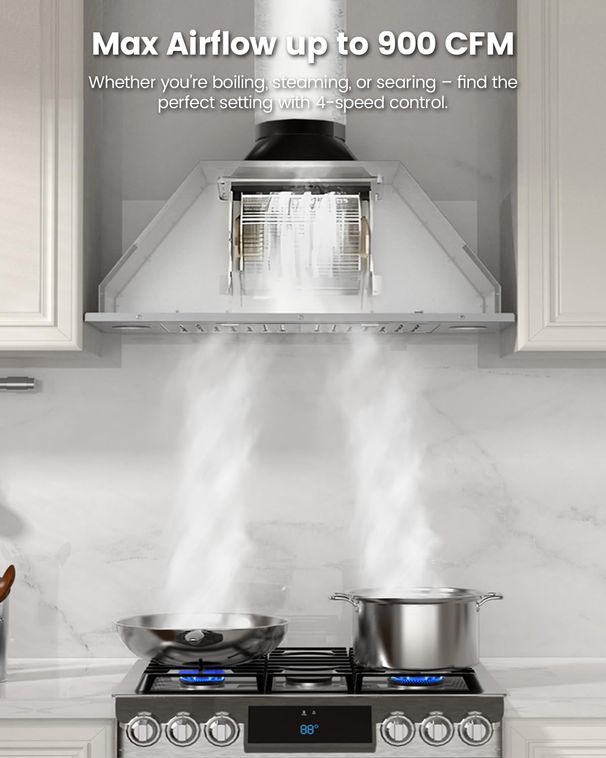 JOCO 30 Inch Range Hood Insert, 900 CFM Stainless Steel Built-In Kitchen Vent Hood, Convertible for Ducted or Ductless Installation, 4-Speed Gesture/Touch/Remote Control, Model B01-30G