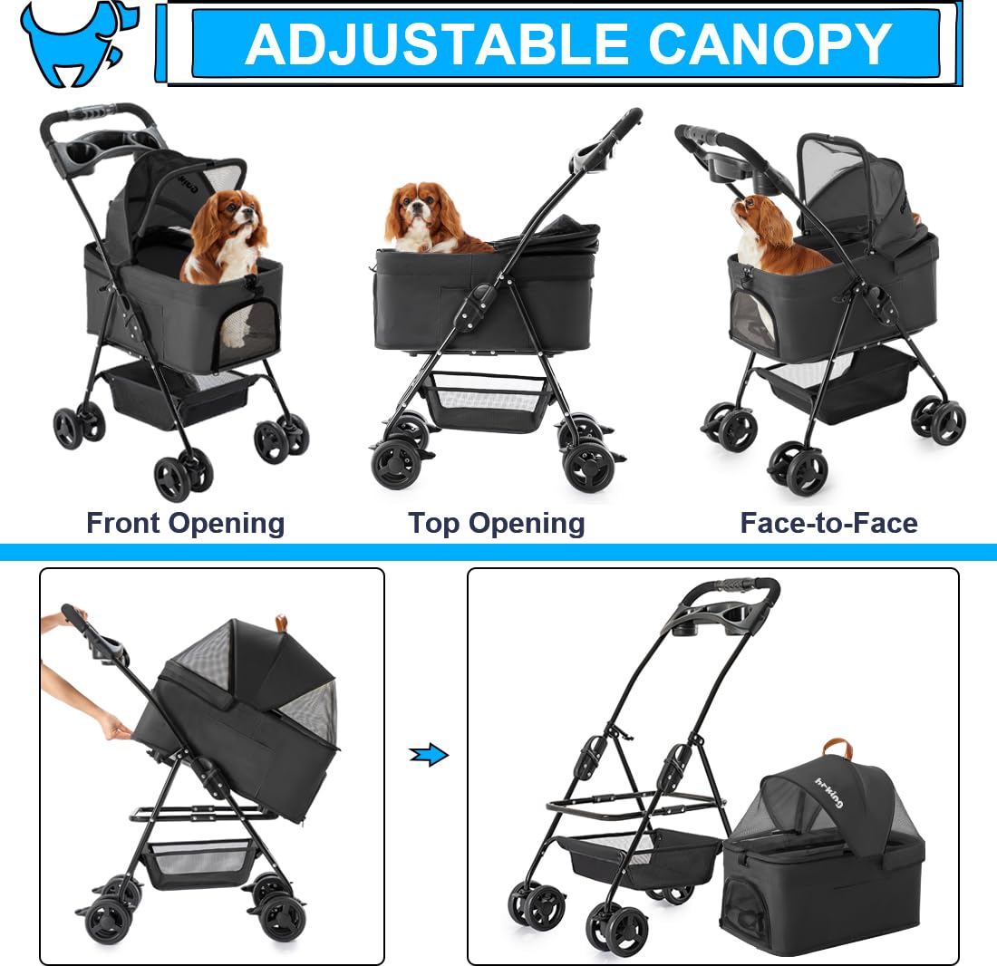 LPOTIUS 3-in-1 Pet Stroller for Small Dogs and Cats, Folding Lightweight Dog Stroller with Detachable Carrier Portable Cat Puppy Jogging Stroller with Cup Holder and Storage Basket, 4 Wheels