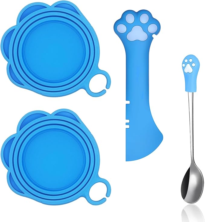 SJANE Cat Food Can Spoons & Can Lids | 4 Pcs | Colorful Multi-Function Opener | Universal Soft Silicone Pet Food Covers | Stainless Steel Wet Food Spatula for Kittens and Dogs(Blue)