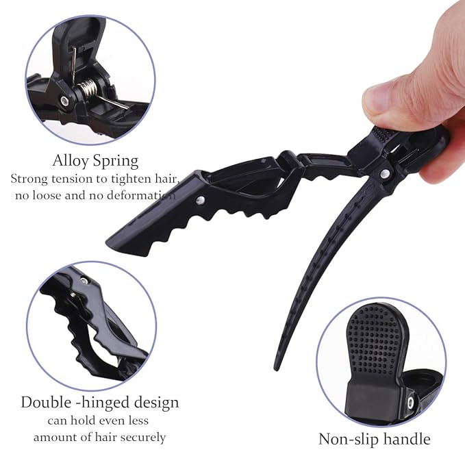GLAMFIELDS 12 pcs Black Alligator Hair Clips for Women Styling Sectioning Salon, Professional Durable Non-slip Plastic Grip Clip for Hair Cutting Wide Teeth & Double-Hinged Design