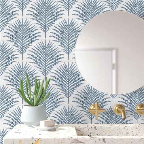 Rugreat Blue/White Wallpaper Peel and Stick Modern Palm Leaf Contact Paper for Cabinets Self Adhesive Removable Wallpaper for Bedroom Boho Geometric Contact Paper Bathroom Waterproof 17.3inW 78.7inL