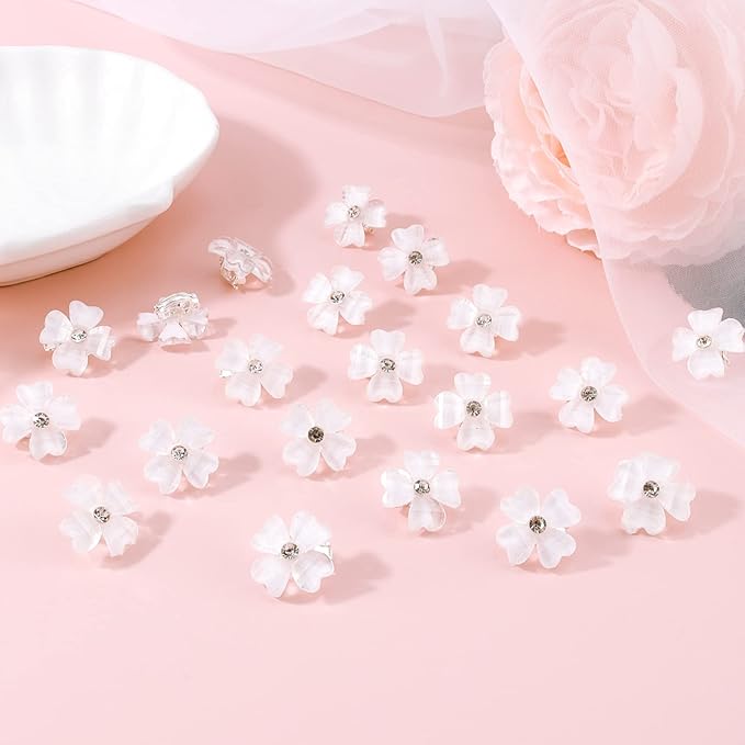YISSION 20Pcs Mini White Flower Hair Clips with Rhinestone Cute Hair Pins Decorative Hair Clips Wedding Hair Barrettes Bridal Hair Accessories for Girls Women
