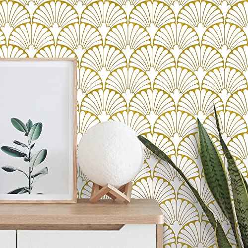 MelunMer Gold Peel and Stick Wallpaper Boho Gold Contact Paper for Cabinets Self Adhesive Removable Wallpaper for Bedroom/Bathroom Modern Contact Paper Leaf Ginkgo Biloba 78.8 in L 17.3In W