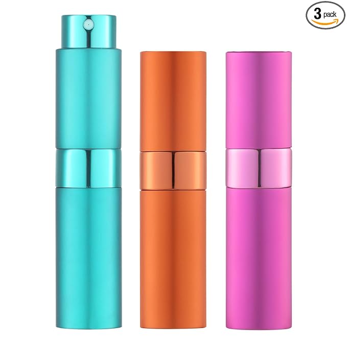 LISAPACK 8ML Atomizer Perfume Spray Bottle for Travel (3 PCS) Empty Cologne Dispenser, Portable Sprayer (Cyan, Rose Red, Orange)