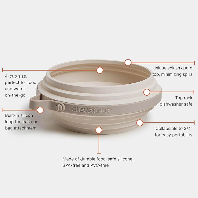 Cleverpup Nomad Large Collapsible Travel Dog Bowl - 4 Cup BPA-Free Silicone for Medium & Large Dogs, Portable, Food & Water, Dishwasher Safe - Sand