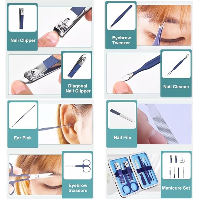 QURIPE 7pcs Manicure Set, Nail Clippers Kit, Stainless Steel Manicure Kit, Nail Clipping Tools Portable Travel Grooming Kit, The Best Gift with Luxurious Case (Blue)