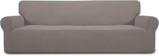 Easy-Going Stretch 4 Seater Sofa Slipcover 1-Piece Sofa Cover Furniture Protector Couch Soft with Elastic Bottom for Kids, Polyester Spandex Jacquard Fabric Small Checks Taupe