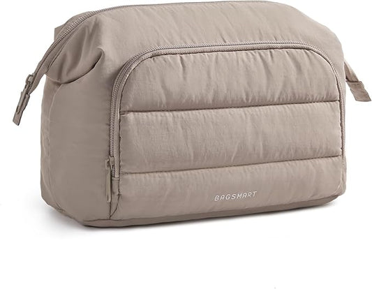 BAGSMART Travel Makeup Bag, Cosmetic Bag Small Make Up Organizer Case,Wide-open Pouch for Women Purse for Toiletries Accessories Brushes,Large Beige