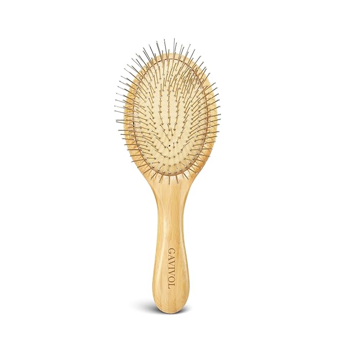 Bamboo Paddle Hair Brush with Steel Bristles for Anti-Static Detangling and Scalp Massager Perfect Wooden Handle Brush for Hair Growth All Types Flexible Curly Hair Detangler for Women Kids