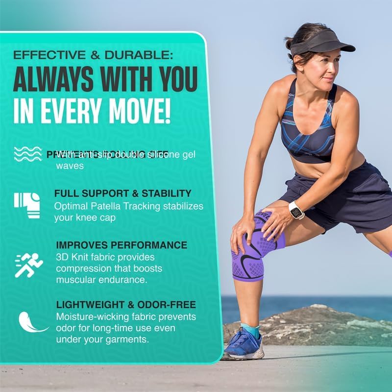 Modvel 2 Pack Knee Brace for Women & Men - Workout Knees Compression Sleeve for Knee Pain Relief Joint Support for ACL, Arthritis, Meniscus Tear Knees Brace for Sports, Rodilleras para Gym Fitness