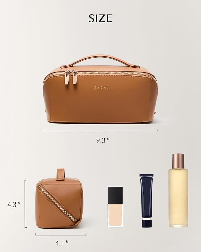 EACHY Travel Makeup Bag, Large Capacity Cosmetic Bag for Women, Waterproof PU Leather, Flat Open Portable Toiletry Bag for Skincare, Brushes & Travel Essentials