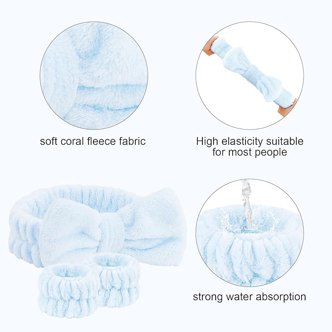 Semato Spa Headband and Wristband Set Skin Care Headband Fluffy Bow Face Wash Headband Hair Accessories Bubble Sponge Spa Headband for Women and Girls (blue)