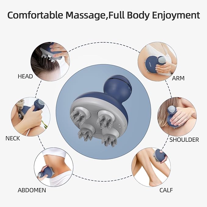 cotsoco Electric Scalp Head & Back Massager, Cordless Hair Massage Waterproof Head Massager with 4 Heads 84 Nodes for Hair Growth, Stress Relief & Deep Clean, Gifts for Men Women, Blue