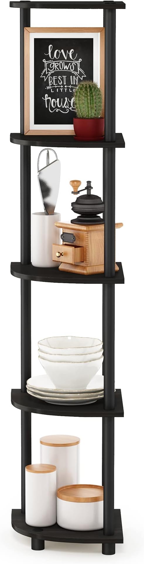 Furinno TURN-N-TUBE Corner Shelf, 5-Tier Corner Bookshelf, Open Storage Shelves, for Organization and Storage, Living Room, Home Office, Garage, Bedroom, Espresso