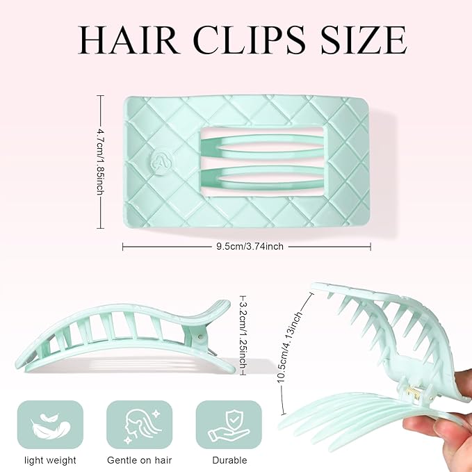 Large Flat Hair Claw Clips for Women for Thin Thick Hair, Stylish Strong Hold Non Slip Square Hair Clips, Cozy French Lay Down Hairclips, White, Purple, Green, Pink, Glossy Macaron, 4 Pcs