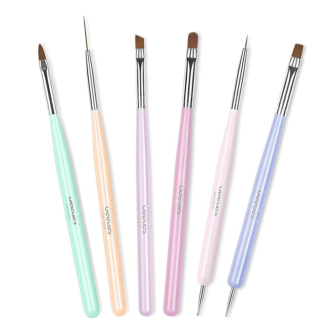 Beetles Gel Polish Nail Art Brushes, 6 Pcs Fingernail Art Design Pens, Wood Alloy Handle, Dotting Pen Clean Up Liner French Nail Brush Set, DIY Manicure Tools Gift for Women