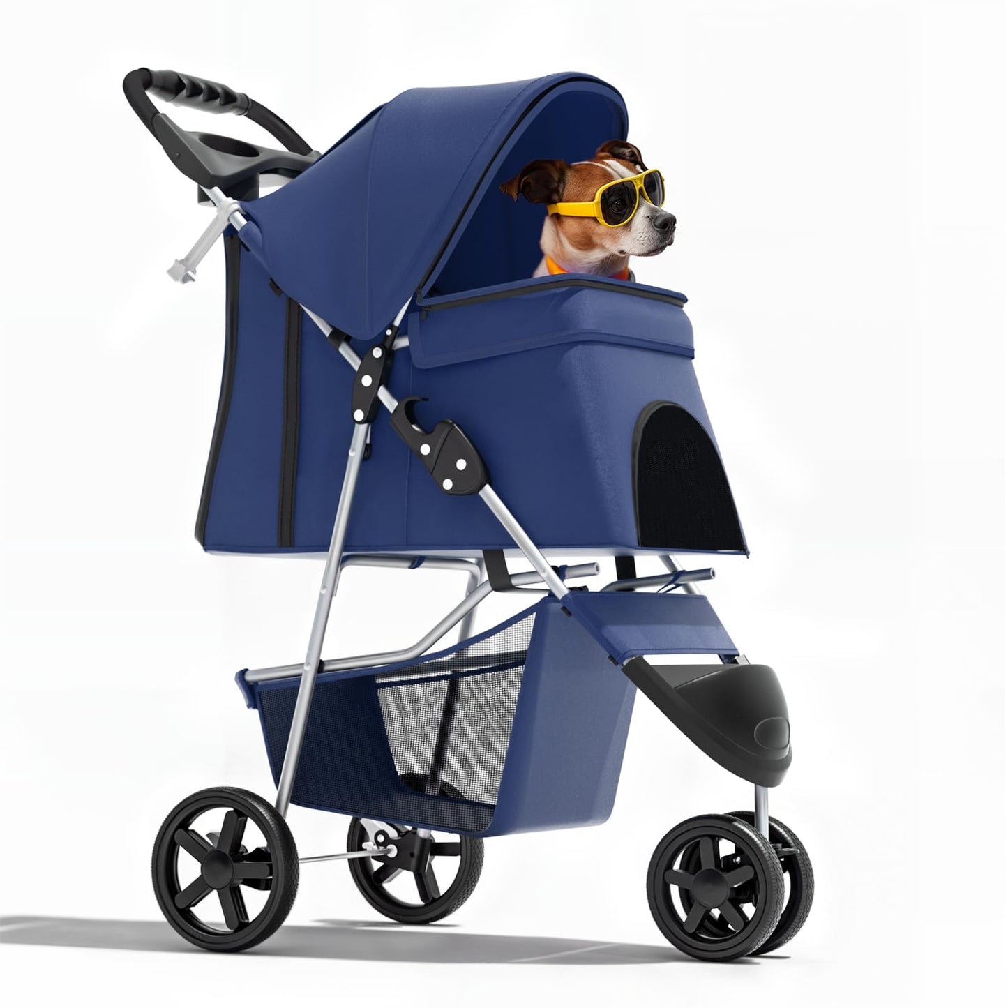 Magshion 3-Wheel Pet Stroller, Foldable Travel Jogger for Small & Medium Dogs & Cats (Up to 33lbs), Lightweight Carrier with Breathable Mesh Cover, Cup Holder & Storage Basket, Navy Blue