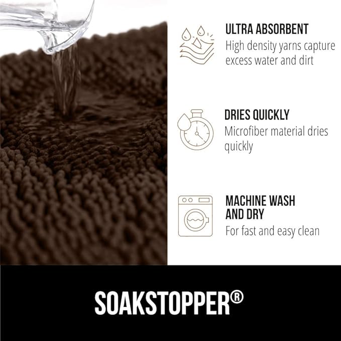 GORILLA GRIP SoakSTOPPER Dog Door Mat, 48x30 Machine Washable Rug Absorbent Doormat Captures Moisture Mud Dirt, Quick Dry Soft Chenille Entryway Rugs Indoor Entrance Mats for Dog Paws, Brown