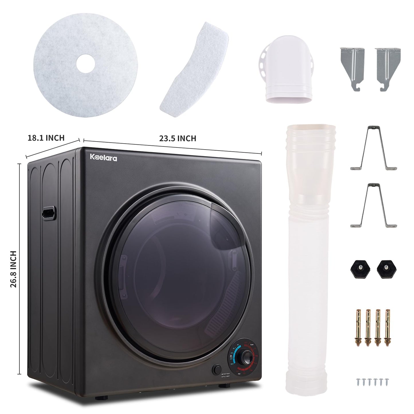 Kaelara Portable Dryer 3.5 cu.ft, 1500W Compact Dryer with Stainless Steel Tub, 4 Drying Mode, Overheat Protection, Apartment, Dorms, RVs, Black