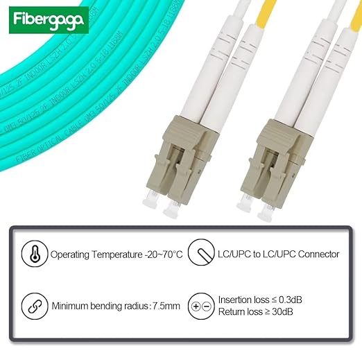 Fibergaga 100M(328ft) OM3 LC to LC Fiber Patch Cable,10GB/40GB Multimode Duplex 50/125µm 2.0mm Fiber Optic Jumper Cords Length Option: 0.5M(1.6ft)-100M(328ft)