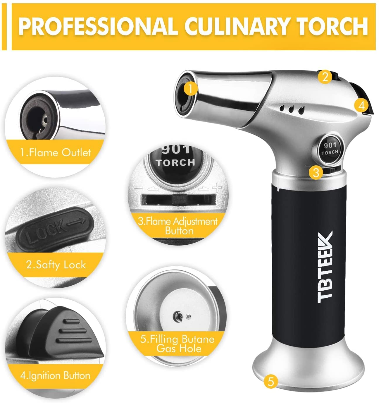 TBTeeK Butane Torch, Kitchen Torch Cooking Torch with Safety Lock & Adjustable Flame for Cooking, BBQ, Baking, Brulee, Creme, DIY Soldering, 2Pack (Butane Not Included)