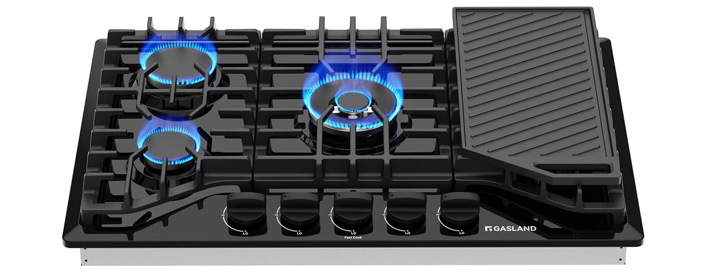 GASLAND Gas Cooktop 30 Inch with Griddle, Gas Stovetop with 5 Burners, Comes with Reversible Cast Iron Grill/Griddle, 120V Plug-in, NG/LPG Convertible, CSA Certified Black