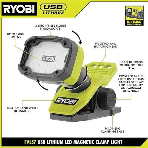 RYOBI USB Lithium Magnetic Clamp Light Kit with 2.0 Ah Battery and Charging Cable