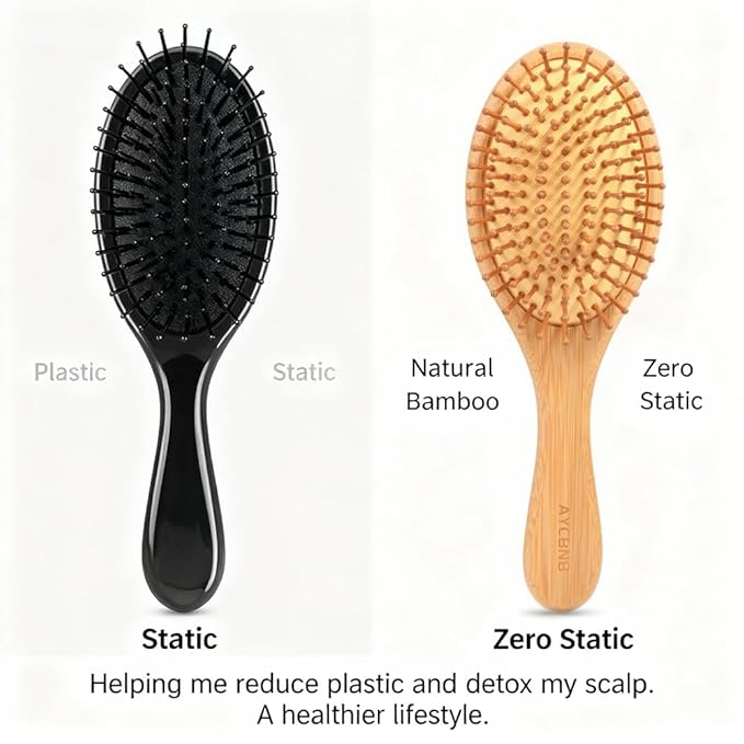 Bamboo Hair Brush for Hair Growth, Detangler Hairbrush with Natural Bamboo Bristles, Wooden Paddle Brush for Scalp Massage, All Hair Types, for Women, Men, and Kids