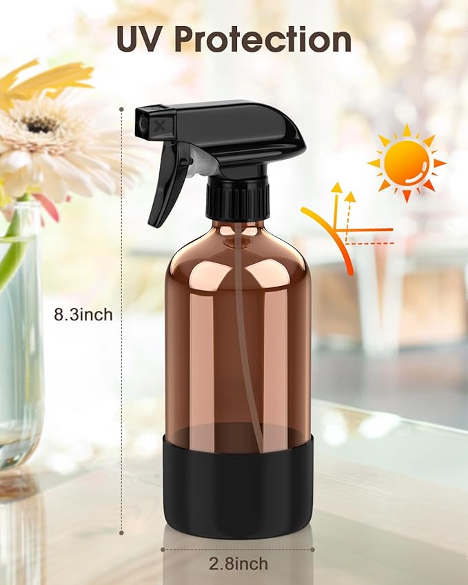 Bontip Glass Spray Bottle with Silicone Sleeve Protection, Amber Glass Spray Bottle Set for Window Cleaner Aromatherapy Facial Hydration Watering Flowers Hair Care 2 Pack/16 oz (Black & Brown)