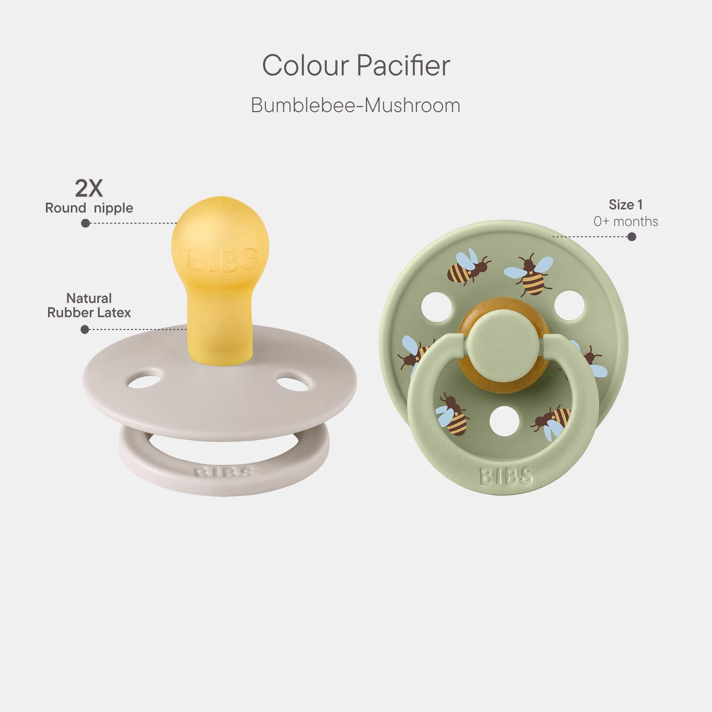 BIBS Studio Soother 2-Pack, BPA Free Dummy Pacifier, Round Nipple. Natural Rubber Latex, Made in Denmark, Size 1 (0-6 Months), Mushroom/Sage