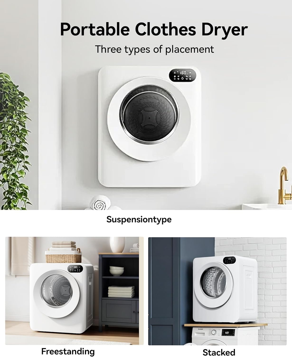 Euhomy Portable Dryer，1.5 Cu.Ft Clothes Dryer with Stainless Steel Drum, 850W Drying Machine with Exhaust Pipe, LED Control Panel For Apartments, Home, Dorm, White