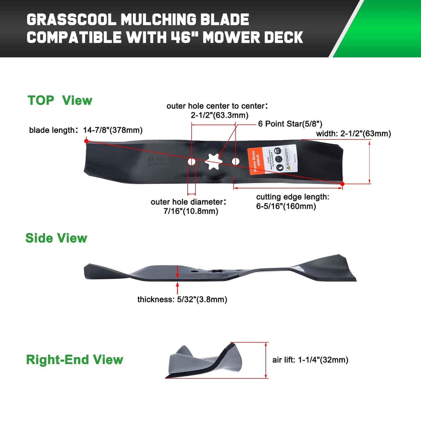 Grasscool 942-0611A 942-0612A Mower Blades for Cub Cadet 46'' Deck Riding Mower Lawn Tractor LT1045 LT1046 Replace 942-04125 942-04124 942-0611 942-0612 942-0616 Mulching