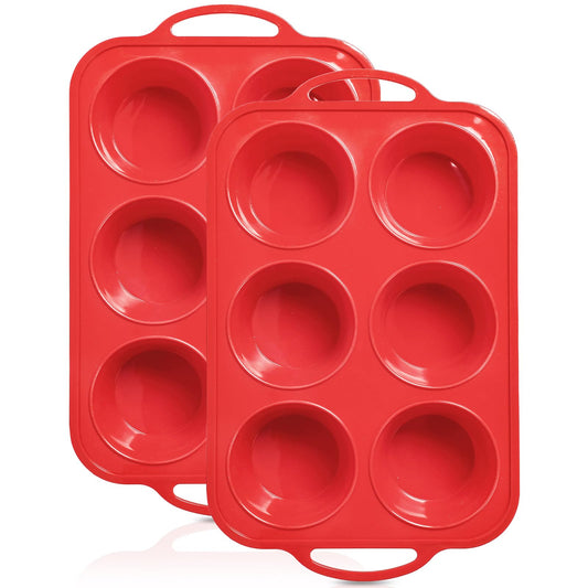 Foepoge 2 Pack Jumbo Silicone Muffin Pan with Metal Frame, Non-stick Large Silicone Cupcake Pan with Handles 6 Cup, Silicon Muffin Tin Tray for baking, egg bites, Cupcake Mold, BPA Free Red