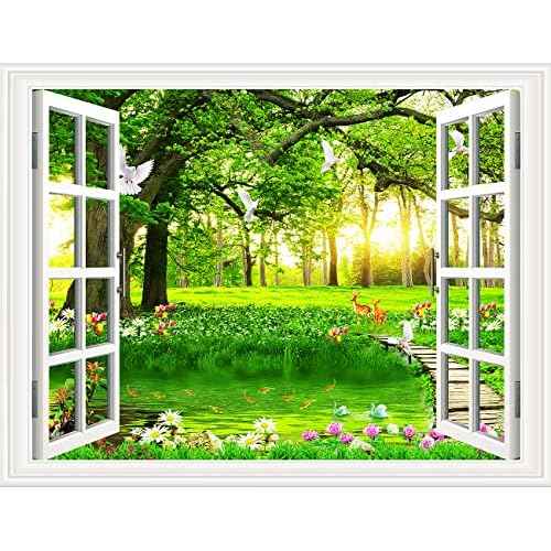 3D Self-Adhesive Painting Fake Window Wall Stickers Tropical Island with Palm Trees Wall Mural Window View Wall Decor for Home (17.3"¡¿27.6", Big Tree)