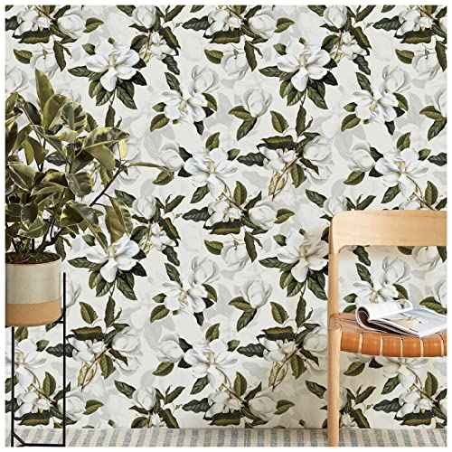 HAOKHOME Peel and Stick Gardenia Floral Wallpaper Removable Off White/Grey/Green Vinyl Self Adhesive Mural 17.7in x 9.8ft