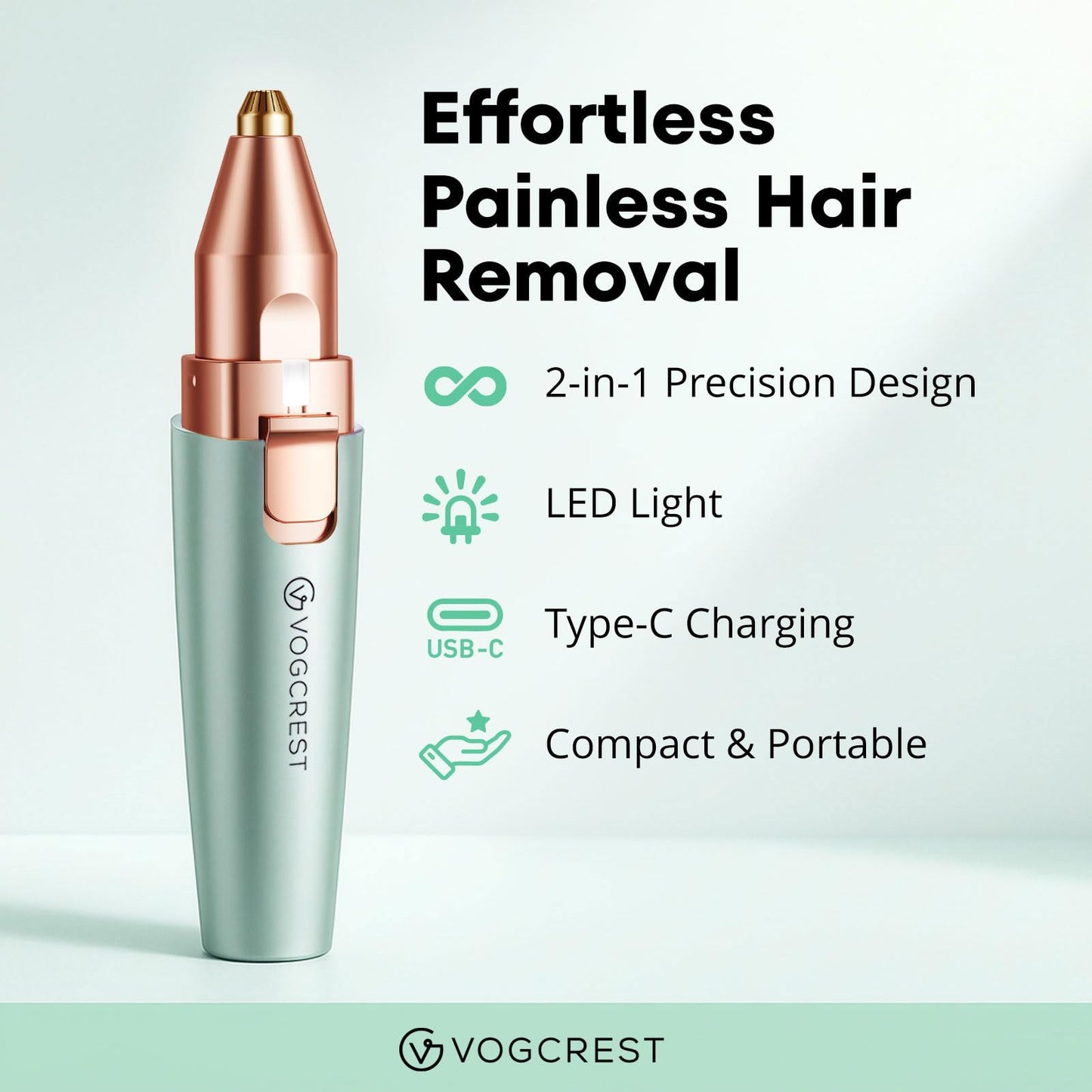 VG VOGCREST Eyebrow Facial Trimmer: 2 in1 Rechargeable Facial Hair Removal and Eyebrow Shaver - Face Lips Body Painless Facial Razor with Built-in LED Light (Pastel Green)