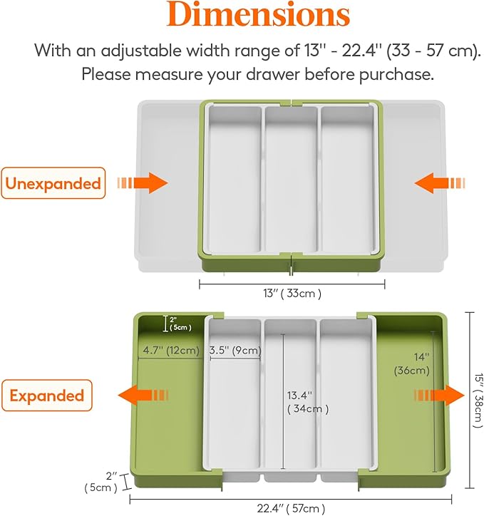 Lifewit Utensil Organizer for Kitchen Drawers, Expandable Cooking Utensil Tray, Adjustable Cutlery Silverware Flatware Holder, Plastic Spatula Tools Storage Divider, 13-22 x 15", Green&White