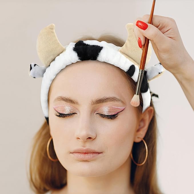 CAVETEE 3 Piece Hairband and Wristband Set, Black&white Cow Horn, Spa Cosmetic Elastic Makeup Headband and Wristband for Women Girl Wash Face Skincare Makeup Shower Spa Headband