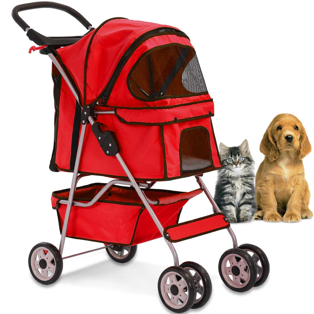 4 Wheels Pet Stroller Cat Dog Cage Stroller Travel Folding Carrier with Cup Holders and Removable Liner for Small-Medium Dog, Cat (Red)